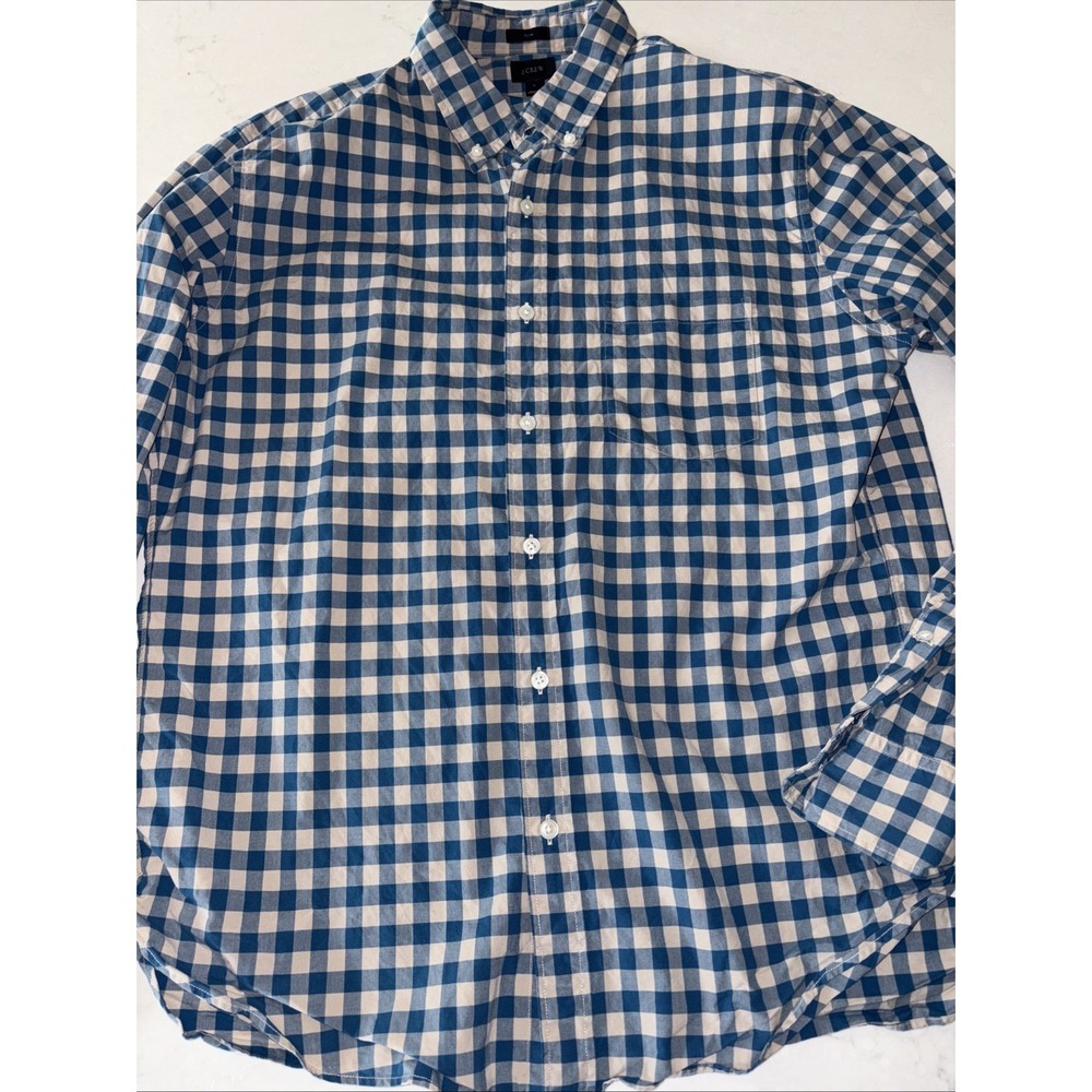 J Crew Slim Fit Blue Tan‎ Gingham Plaid Button-Down Shirt L 100% Cotton Men's